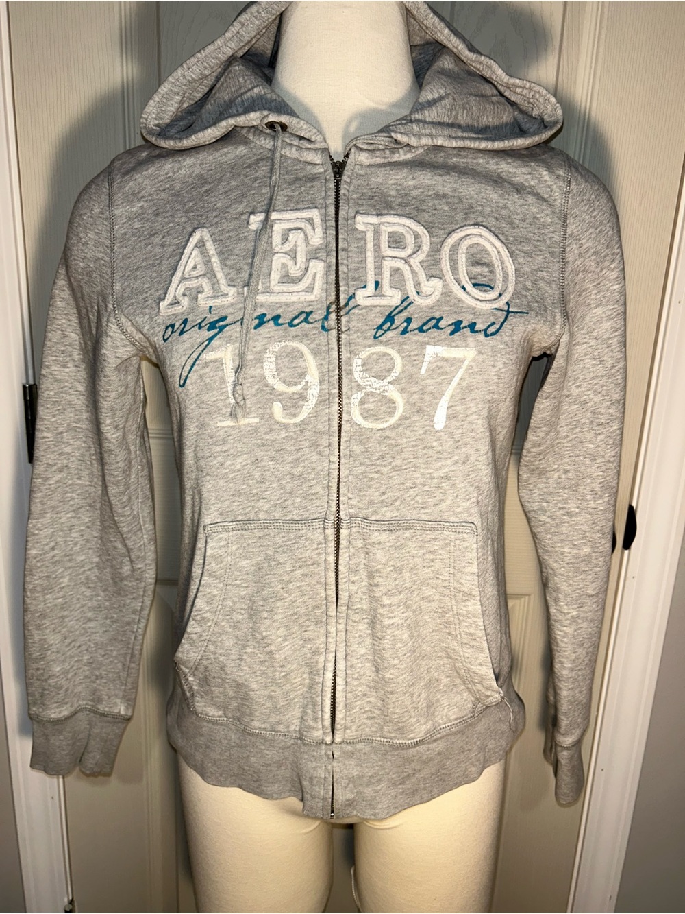 Aeropostale Gray Zip-Up Hoodie with Teal Script